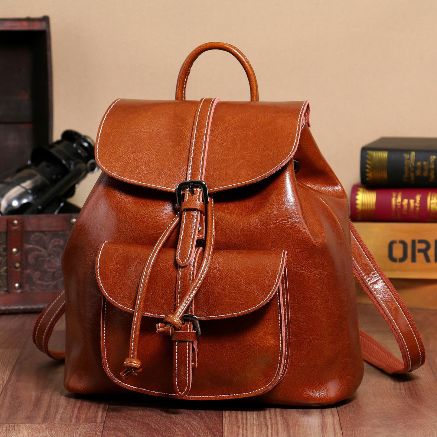 Oil Wax Soft Leather Backpack for Women, Casual Travel Small Bag