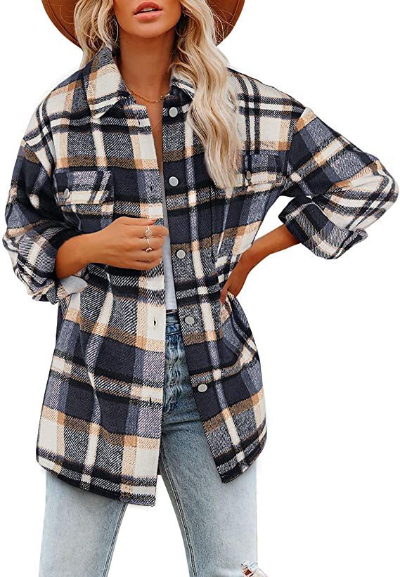 Women's Long Sleeve Button-Down Plaid Shirt Jacket Coat Top Outwear