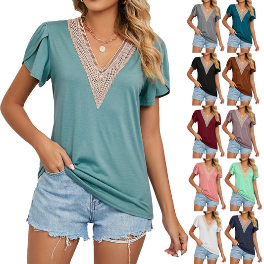 Women's Spring Summer Gold Lace V-neck Tile Short-sleeved Solid Color T-shirt Top