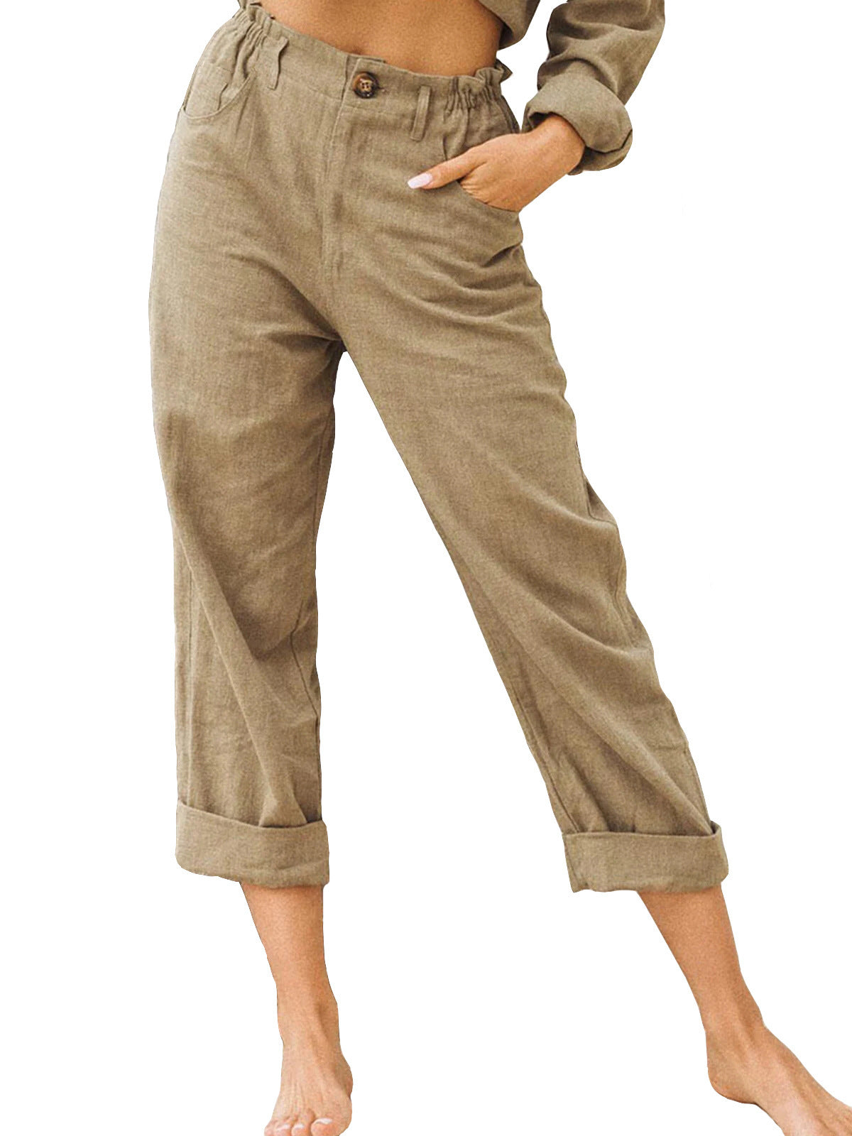 Women's High Waist Loose Casual Solid Color Cotton Linen Trousers