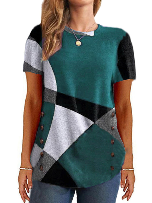 Geometric Multicolor Short Sleeve Printed Loose T-Shirt Women's Tops