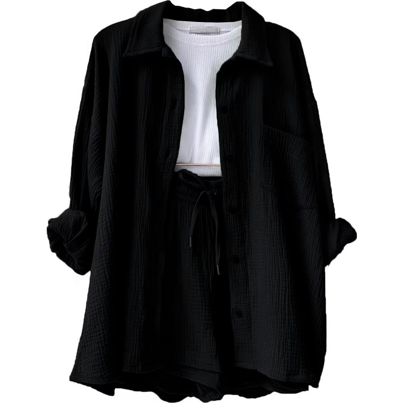 Women's Wrinkled Lapel Long-sleeved Shirt, High-waisted Drawstring Shorts Two-piece Set