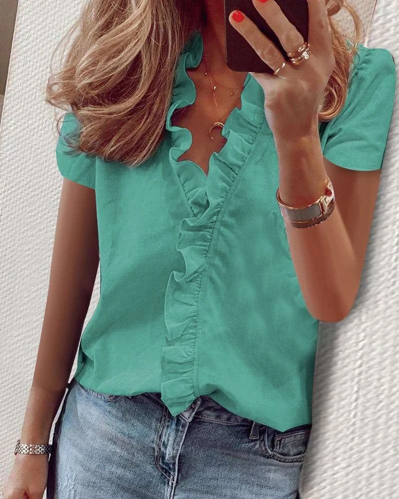 Spring Summer Short Sleeve Ruffle Blouse Women's Shirt