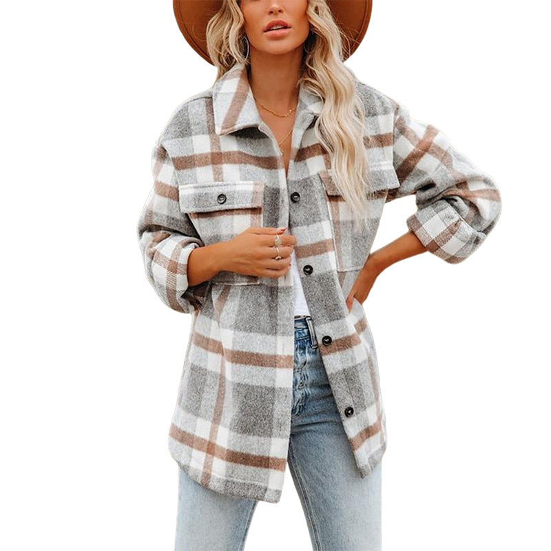 Women's Long Sleeve Button-Down Plaid Shirt Jacket Coat Top Outwear