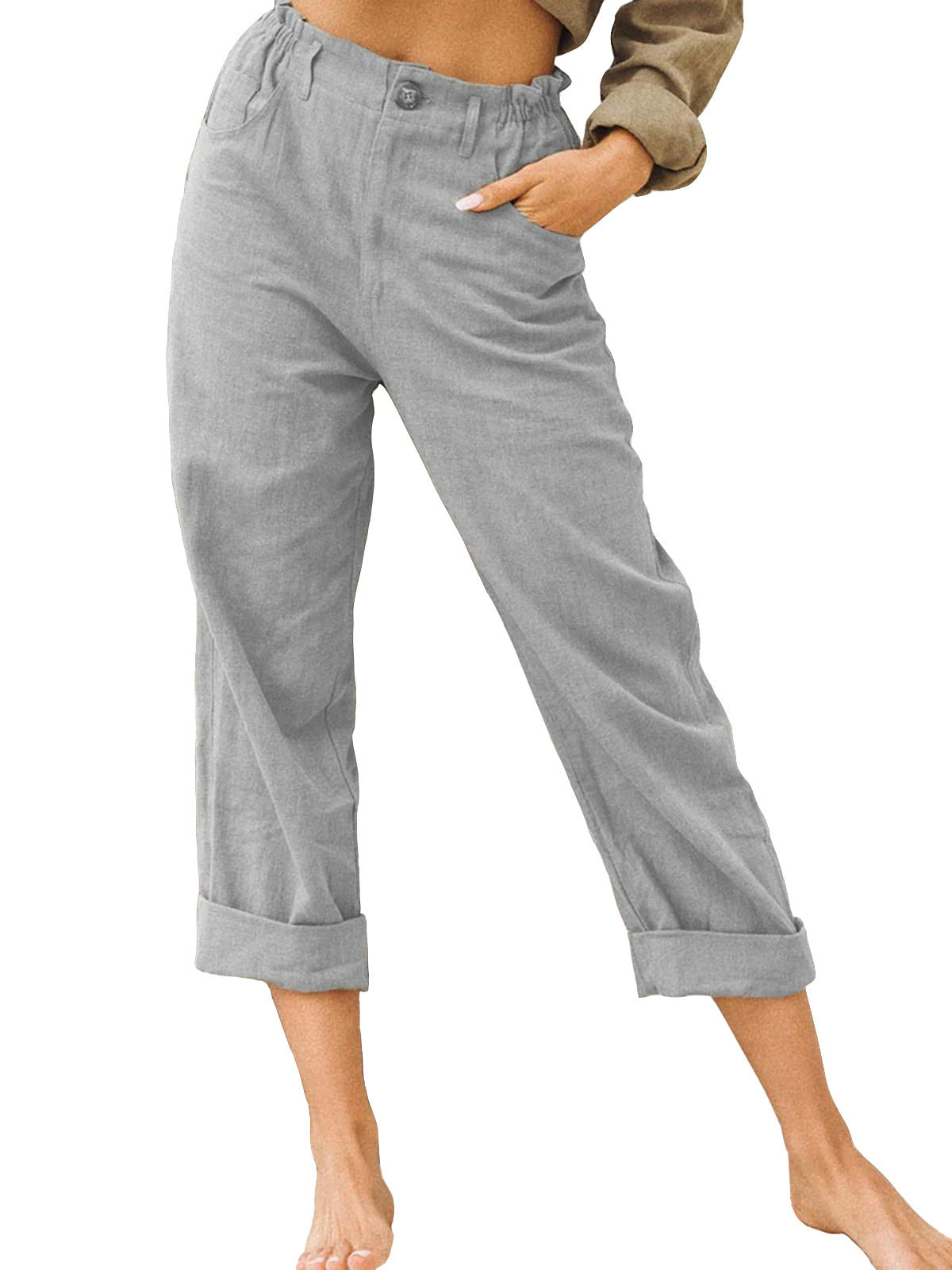 Women's High Waist Loose Casual Solid Color Cotton Linen Trousers